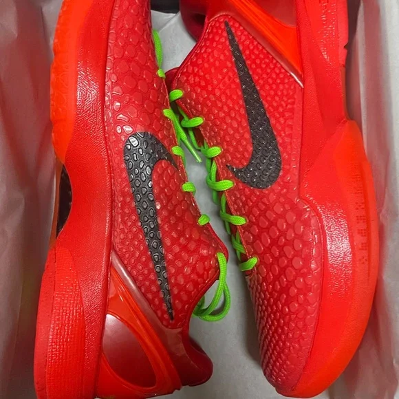 Nike Kobe 6 Protro Reverse Grinch Red and Black Athletic Shoes with Green Laces - Picture 1 of 10